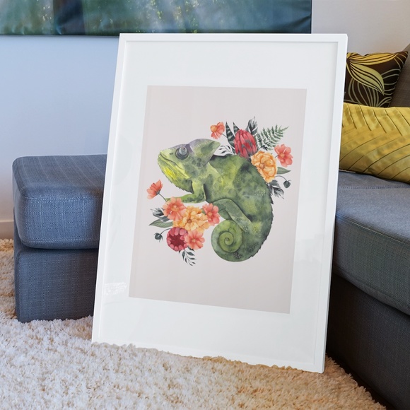 Wall Art Watercolor Floral Chameleon Illustration Print Poster Unframed - Picture 5 of 6